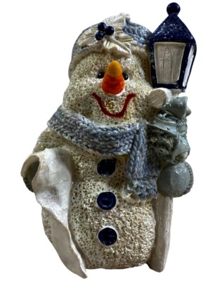Winter Snowman Statue Blue With Lightpost Approx 5.5  Tall