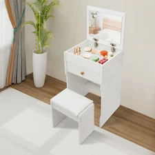 White Vanity Table Makeup Vanity Desk with Storage & Stool & Mirror For Bedroom