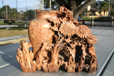 Vintage Hand Carved Chinese Soapstone Brush Holder Sculpture 6
