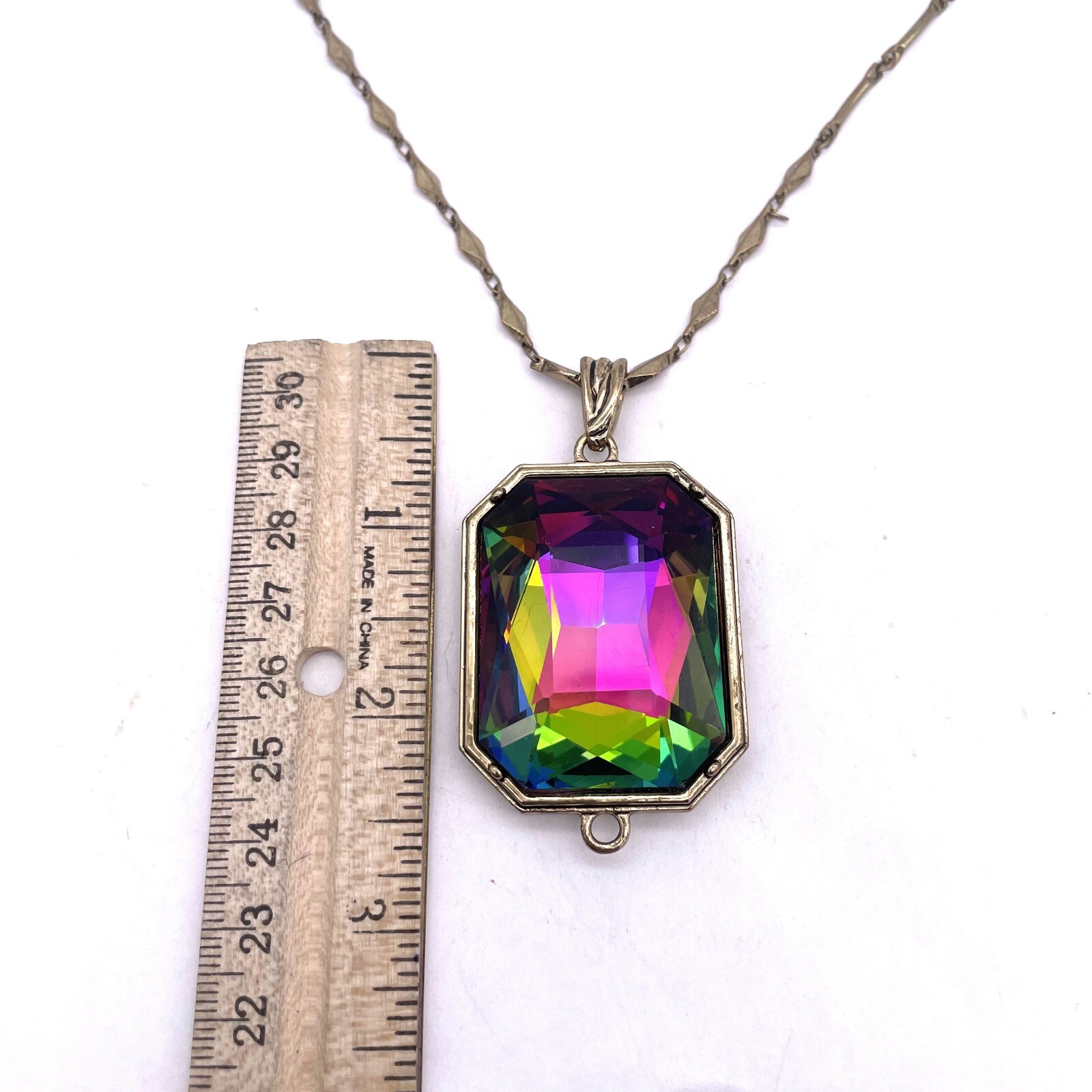 Rainbow Rectangle Gemstone Pendant Chain Necklace… - image 4