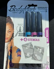 BIC BODYMARK TEMPORARY TATTOO MARKER 3 PACK Purple, Blue, Pink W/ Stencils