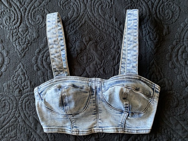 Denim Bra Top Size 8 Zip Detail 87% Cotton 11% Poly 2%Elastane On Trend Boho Des