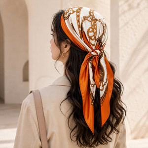 90x90cm Horsebit Chain Print Satin Square Scarf, Soft Silk Like Head & Bag Acces