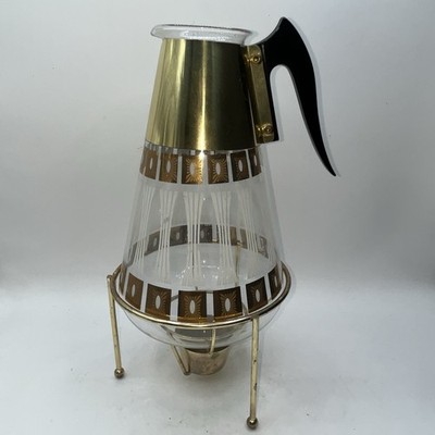 Vintage MCM Fred Press Corning Glass Coffee Carafe, Gold White With Warmer