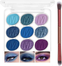 9 Colors Blue Eyeshadow Palette with Brush, Matte and Shimmer Cool Tones for Hal