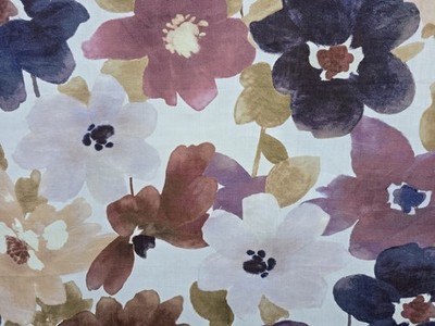 Rubelli Floral Linen Fabric   Painterly Blooms in Plum, Navy & Ochre Lux Textile