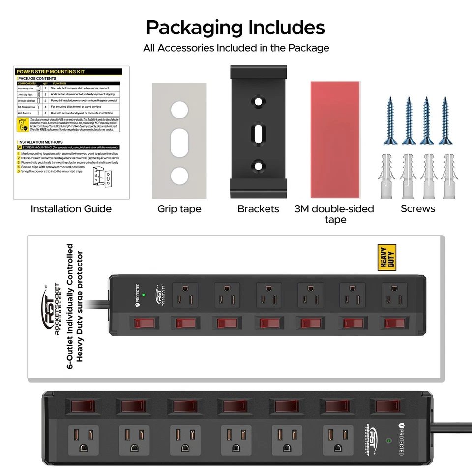 CRST Power Strip 6 Outlets Heavy duty 6 ft cord 1200J Surge Protector 15 Amp - Image 2 of 4