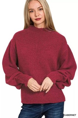 Trendsi Burgundy Knit Sweater Women's Cozy Winter Top Balloon Sleeve Soft