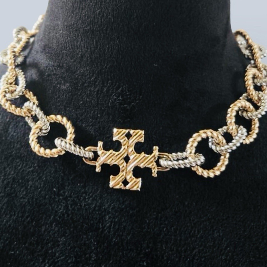 New TORY BURCH Mixed-Metal Chunky Rope Chain Link Logo Necklace w/ Dustbag thumbnail 6