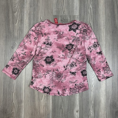 Gloria Vanderbilt Mauve Floral Velvet Trim 3/4 Sleeve V Neck Top Y2K Size S - Picture 4 of 6