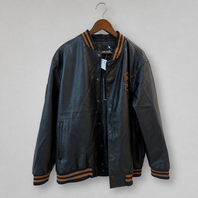 NWT Stone Falcon Men s XL Black Faux Leather Varsity Bomber Jacket 03