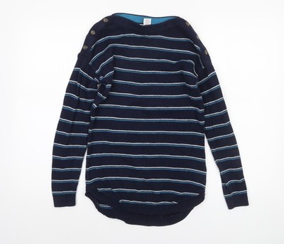 Max Studio Damen Pullover blau gestreift Baumwolle U-Boot-Ausschnitt Knopfleiste XS