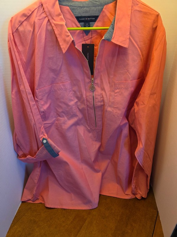 Women's NWT Tommy Hilfiger Half-Zip Roll-Tab Shirt 2X Coral/Pink Sold by Macy's
