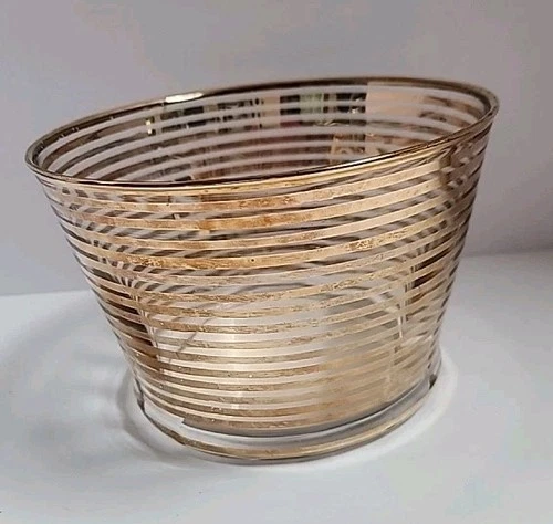 MCM 1950s  Ice Bucket Glass Gold Horizontal Stripes VINTAGE BARWARE