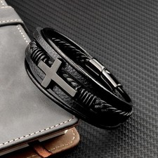 Men's Cross Braided Leather Stainless Steel Bracelet Wristband Cuff Bangle Gift