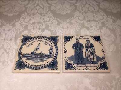 Delft Holland America Line Ceramic Tile Coaster SS Rotterdam I + Ms Rotterdam