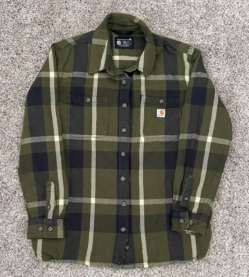 Carhartt Flannel Shirt Womens Large Green Plaid  Workwear Outdoor Cabincore