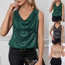 Women Sexy Sequin Vest Bling Sleeveless Glitter Tank Top T-shirt Blouse Size 12