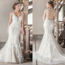 Boho Mermaid Wedding Dresses V-Neck Spaghetti Strap Lace Appliques Bridal Gowns
