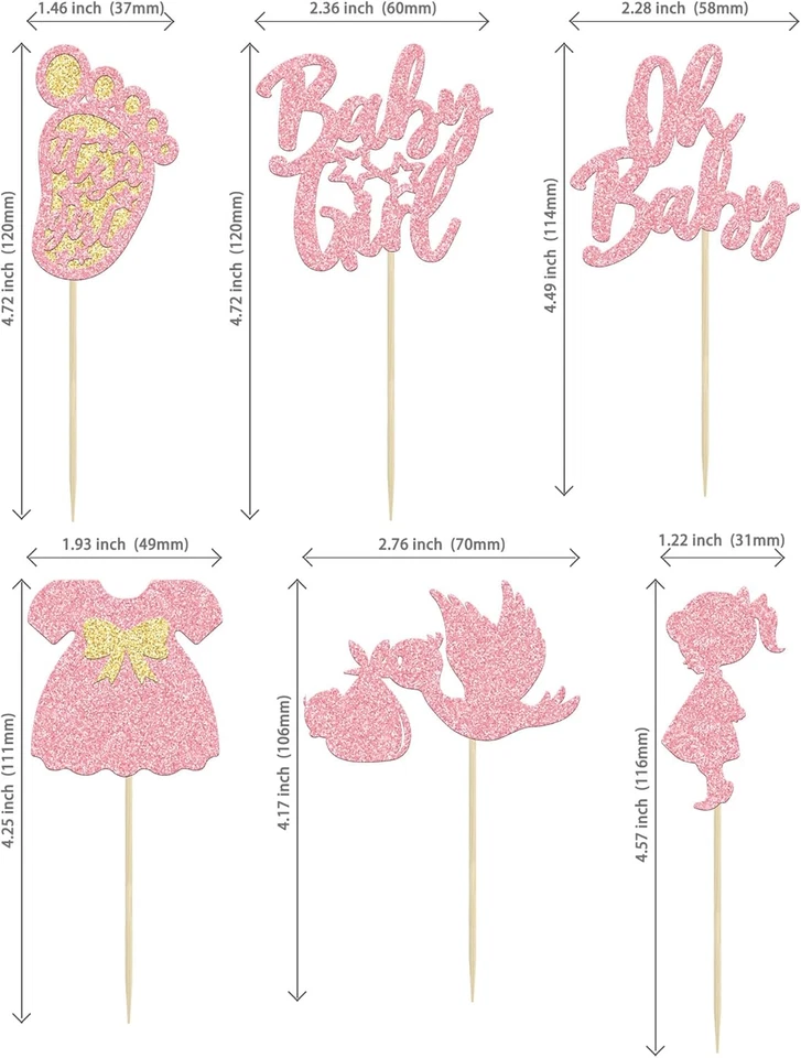 24 Piezas Baby Shower Oh Baby Cupcake Toppers con Lazo Vestido Huella Cisne Rosa Gli Foto 2 de 4