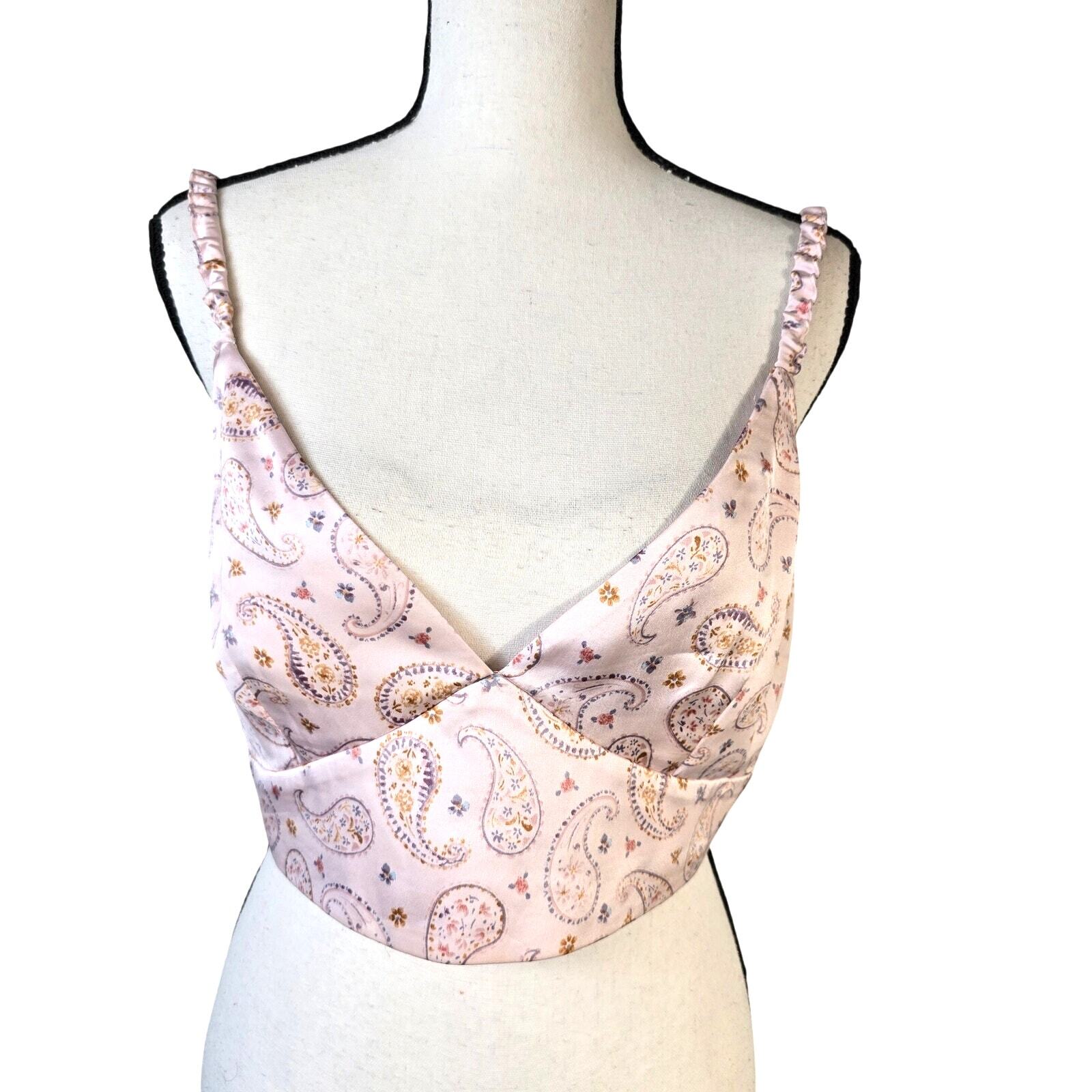 Zara Crop Top Women's L Pink Satin Paisley Smocked Back Empire Waist Y2K Elegant-image