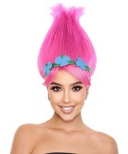 Womens Princess Troll Wig with Flower Crown, Pink Pointy Halloween Cosplay Hair