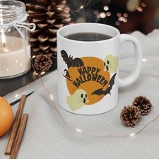 Halloween Ghost and Bat Mug, Spooky Coffee Cup, Haunted House Drinkware, Scary