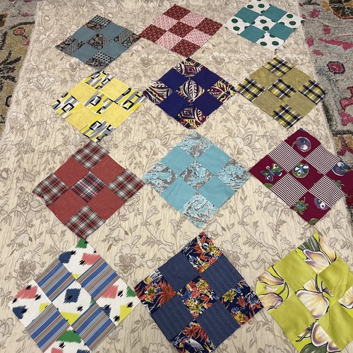 45 Mid Century 9 Patch Quilt Blocks Mint Very Rando & Many Cool Novelty Fabrics