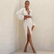 tailleur completo donna set bianco longuette top manica lunga raso 22145