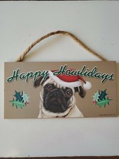 PUG--Tan--Happy Howlidays-Dog Decorative Wood Plaque/Sign 5"x 10" Vintage