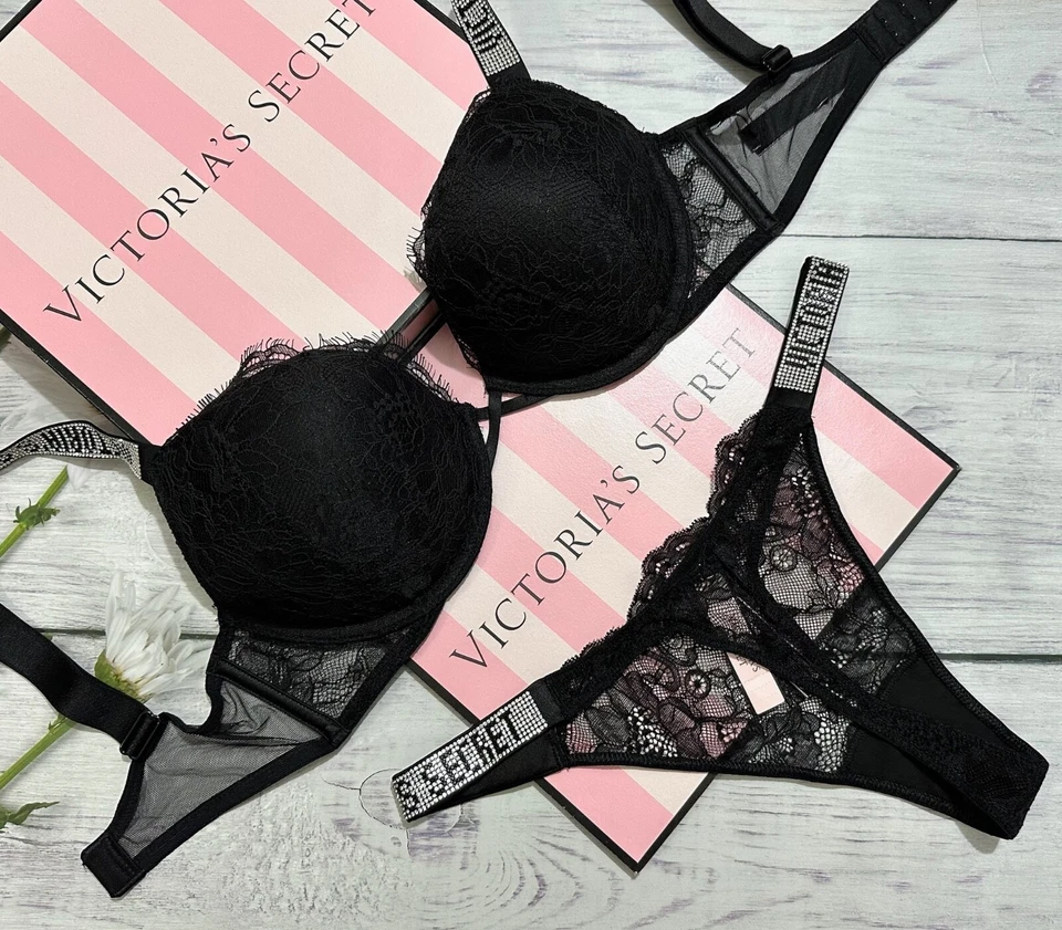 Victoria's Secret Brillo Correa Bombshell Encaje Push-Up Sujetador Tanga Conjunto Negro Foto 4 de 4