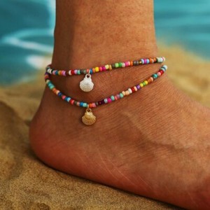 Authentic 2pcs Boho Gold Plated Shell Beaded Anklet Beach Adjustable Bracelet Women
