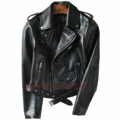 Women Faux Leather Jacket Slim Coat Zip Up Biker Short Punk