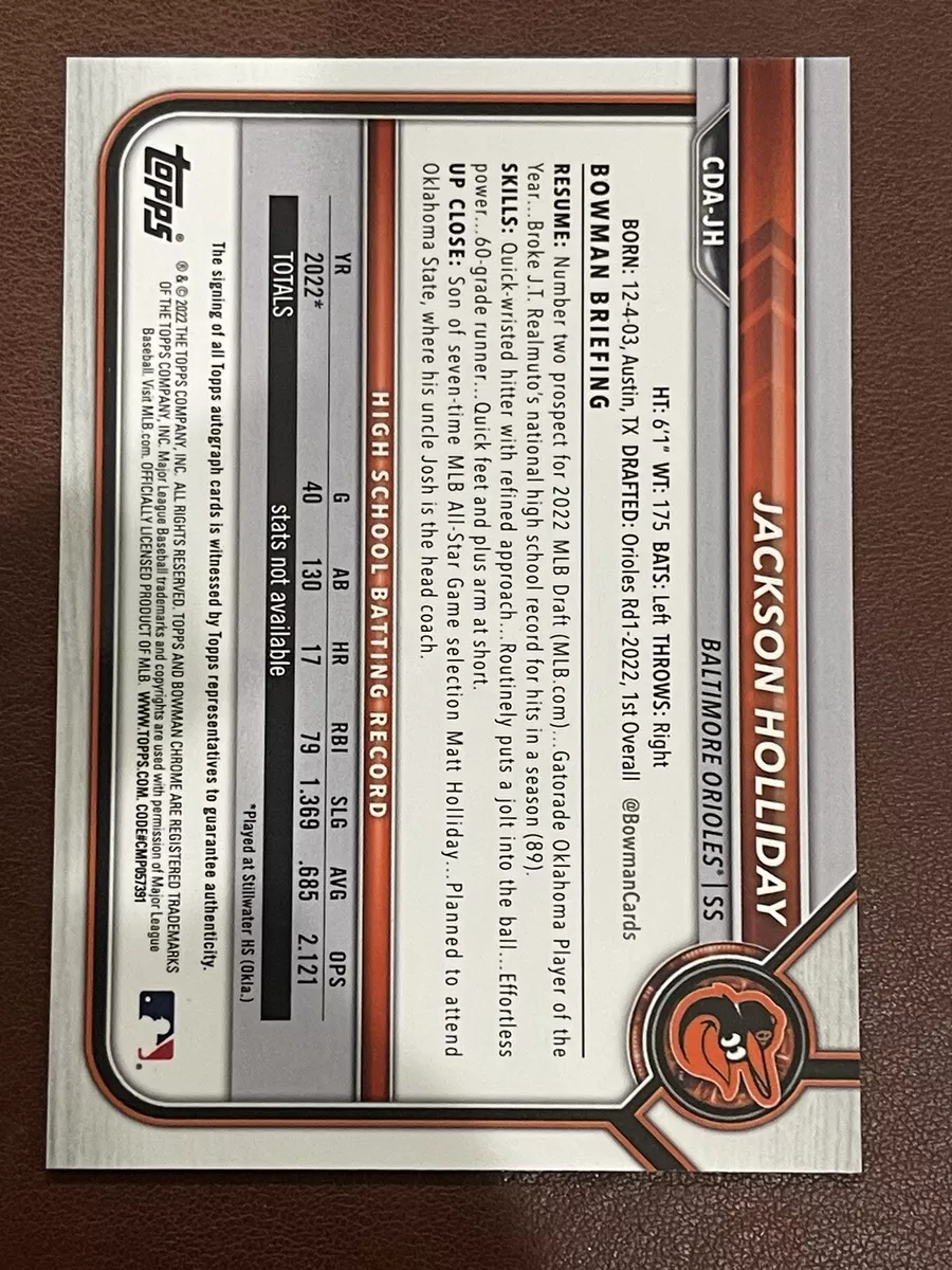 2022 Bowman Draft Chrome Jackson Holliday AUTO Blue. 20/150. #1 Draft Pick