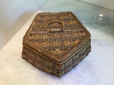 Antique Woven Victorian Tufted Silk Lining Sewing Basket