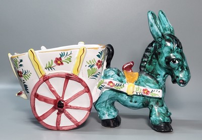 Italienischer Keramik Esel mit Wagen Übertopf signiert Neuheit Vintage Größe 22 x 33 cm