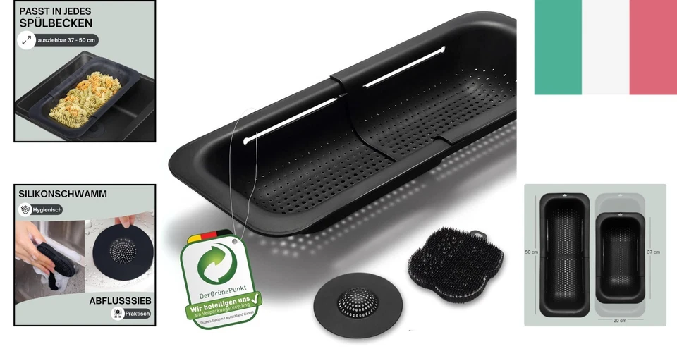 Scolapasta da Lavello Nero - Colino Estensibile con Spugna Silicone e Filtro ... - Immagine 2 di 4
