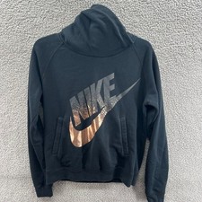 Nike Hoodie Sweatshirt Women M Black Rally Funnel Neck Metal Foil Swoosh Pouch