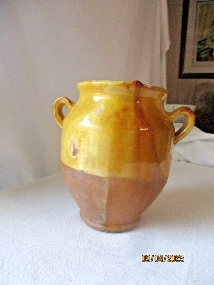 Ancien petit pot à graisse saindoux miel  terre cuite vernissée jaune sud ouest - Photo 3/4