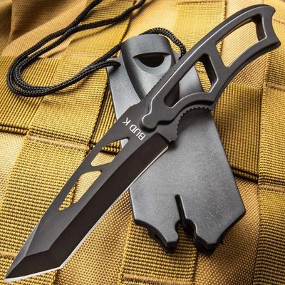 Tac-Warrior Neck Knife & Locking Hard Sheath, Full Tang, Whistle (All Black)