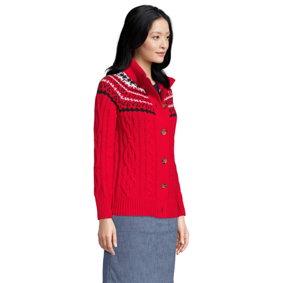 Lands End Cardigan Fair Isle Chunky Knit Medium Red Thick - Image 3 of 4
