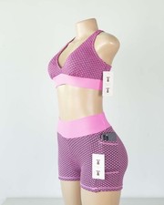 Women's Fitness Butt Lift Bike Shorts Padded Bra SET Soft Stretch Active Wear L