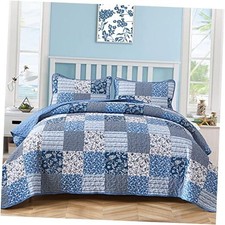 Boho Quilt Set Size,3 Pieces Plaid Floral Bedspread Coverlet Set for King Blue