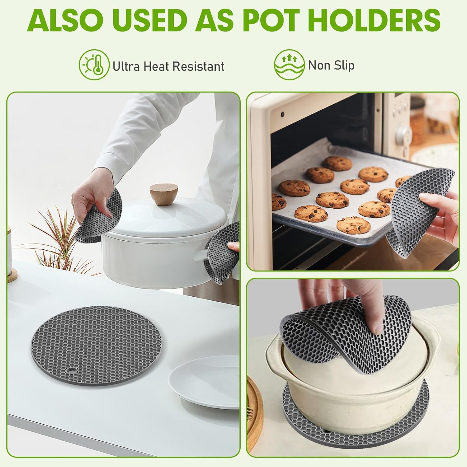 4 PCS Premium Silicone Trivet Mats, Food Grade Silicones, BPA Free, Dark Gray 