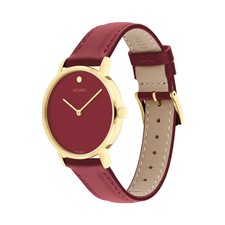 Movado Swiss Signature 32mm Red Dial Gold Slim Burgundy Leather Strap Watch