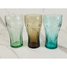 Coca Cola Libbey Drinking Glasses 16oz Embossed 6" Retro Green Blue Brown x3