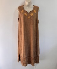 Vintage Y2K White Stag Tank Dress XL Midi Linen Flax Brown Embroidered Floral