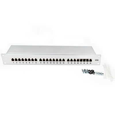 24 Port CAT6a 19'' Patchfeld RJ45 Patchpanel Verteilerfeld grau geschirmt LSA 1HE