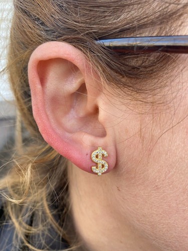 MOISSANITE 925 Silver 14k Gold Plated Men Ladies Dollar Sign $ Money Earrings - Bild 5 von 16