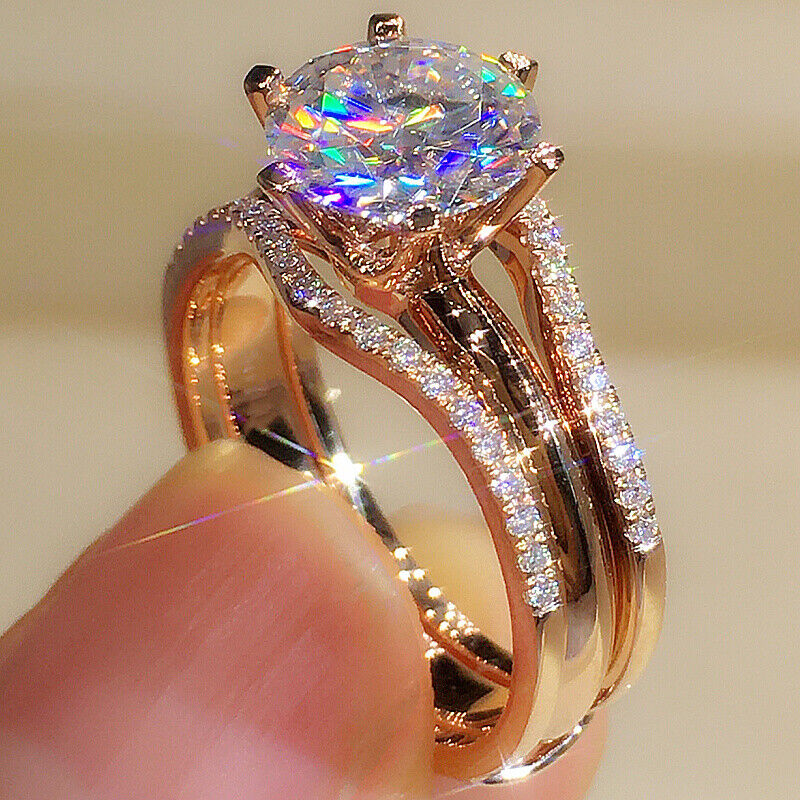 14k Rose Gold Plated Women Wedding Rings Luxury Cubic Zirconia